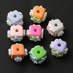 Mixed Color Opaque Acrylic Enamel Beads, with ABS Plastic Imitation Pearl, Cube, Mixed Color, 14.5x21x21.5mm, Hole: 3.6mm