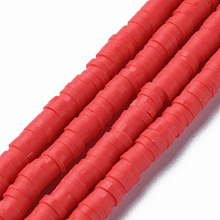 Red Eco-Friendly Handmade Polymer Clay Beads, Disc/Flat Round, Heishi Beads, Red, 4x1mm, Hole: 1mm, about 380~400pcs/strand, 17.7 inch