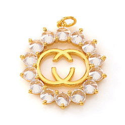 Golden Brass Micro Pave Cubic Zirconia Pendants, with Jump Rings, Flower, Clear, Long-Lasting Plated, Golden, 21x19x3mm, Jump Ring: 4x0.7mm, Hole: 2mm