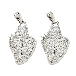Платина Латунные микропаве прозрачные подвески с фианитом, без кадмия и без свинца, форма раковины, платина, 21.5x14x5 мм, отверстие : 4.3x2 мм