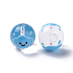 Cloud Transparent Glass Beads, with Enamel, Round, Sky Blue, Cloud Pattern, 14~15x13~13.5mm, Hole: 1.5~1.6mm