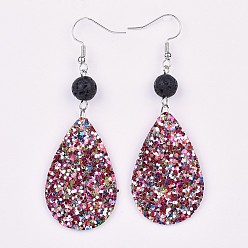 Разноцветный Серьги с блестками из искусственной кожи, с бусинами из натуральной лавы и латунными крючками для серег, платина, красочный, 73 мм , штифт: 0.7 мм
