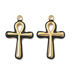 Черный 304 нержавеющей стальной эмали подвески, анкх крест прелести, вакуумное покрытие pvd, реальный 18 k позолоченный, чёрные, 18x11x2 мм, отверстие : 1.4 мм