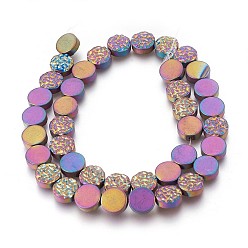Rainbow Plated Electroplated Non-magnetic Synthetic Hematite Beads Strands, Frosted, Flat Round, Multi-color Plated, 10x4mm, Hole: 1mm, about 40pcs/strand, 15.94 inch(40.5cm)