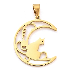 Настоящее золото 18K 304 подвески из нержавеющей стали, лазерная резка, луна с кошачьим шармом, реальный 18 k позолоченный, 22x16.5x1 мм, отверстие : 5x3 мм