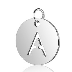 Letter A 304 Stainless Steel Charms, Flat Round with Letter, Stainless Steel Color, Letter.A, 12x1mm, Hole: 2.5mm