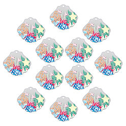 Colorful Cellulose Acetate(Resin) Pendants, 3D Printed, Shell Shape, with Fish Pattern, Colorful, 35x38.5x2.5mm, Hole: 2mm, 12pcs