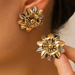 Golden & Stainless Steel Color Alloy Stud Earrings for Women, Flower, Golden & Stainless Steel Color, 34x33mm
