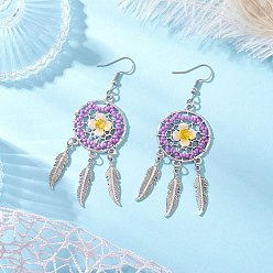 Средняя Орхидея Плоские круглые с перьями стеклянные бусины ручной работы серьги-люстры, с 304 крючками для сережек из нержавеющей стали и сплава, античное серебро, средне орхидеи, 83x28.5 мм