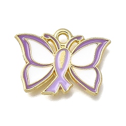 Лиловый Подвески из эмали и сплава, золотые, бабочка с лентой осведомленности, сирень, 14.5x20x1.5 мм, отверстие : 1.6 мм