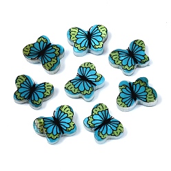 Deep Sky Blue Printed Natural Freshwater Shell Beads, Butterfly, Deep Sky Blue, 8~9x11~12x2.5~3mm, Hole: 0.8~0.9mm