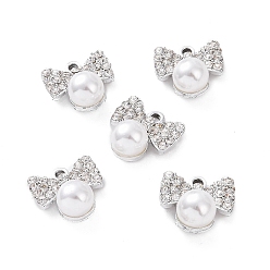 Platinum Alloy Rhinestone Pendants, with ABS Plastic Imitation Pearl Beads, Bowknot Charm, Platinum, 17x17x10mm, Hole: 2.5mm