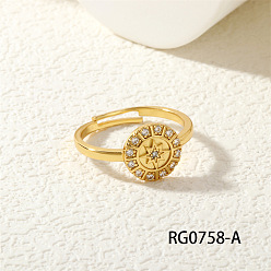 Плоский Круглый Латунные кольца-манжеты с микропаве из прозрачных кубических цирконий, золотые, плоско-круглые, внутренний диаметр: регулируемый