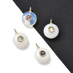 Опал Плоские круглые подвески из синтетического опалита, подвески из горного хрусталя с латунной микропаве кубическими цирконами, золотые, 17x12x7.5 мм, отверстие : 2x1 мм