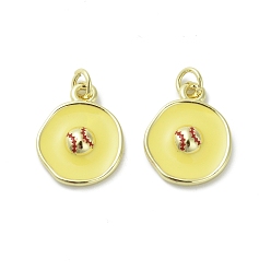 Шампанско-Желтый Латунь эмаль подвески, с целью перехода в кольце, реальный 18 k позолоченный, плоский круглый шарм, бейсбол, 17x14x3.5 мм, отверстие : 3.5 мм