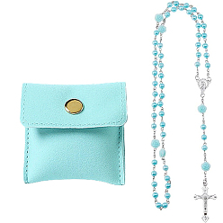 Темно-бирюзовый 1 Четки из поликарбонатного сплава и искусственного жемчуга, Женские ожерелья с подвесками из розовой смолы и креста, с 1квадратными сумками для упаковки ювелирных изделий из искусственной кожи, темные бирюзовый, 26.38 дюйм (67 см)