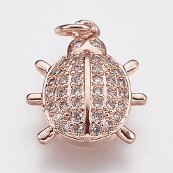 Rose Gold Brass Micro Pave Cubic Zirconia Charms, Ladybird, Rose Gold, 13x11.5x3mm, Hole: 1.8mm