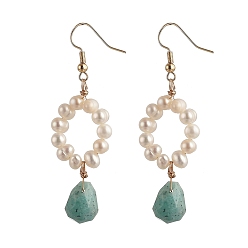 Amazonite Dangle Earrings, with Natural Pearl Beads, teardrop, Natural Amazonite Charms and Brass Earring Hooks, 61mm, Pin: 0.7mm