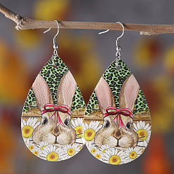 Светло-коричневый Кожзаменитель болтаться серьги, слезинка с рисунком кролика, платина, загар, 75x35 мм