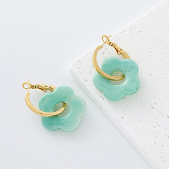 Aquamarine 304 Stainless Steel Resin Hoop Dangle Earrings for Women, Flower, Golden, Aquamarine, 23x25mm