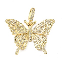 Настоящее золото 18K Латунные микропаве прозрачные подвески с фианитом, бабочка, реальный 18 k позолоченный, 31x43x6 мм, отверстие : 4 мм