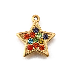 Разноцветный 304 подвески-шармы из нержавеющей стали с микро-паве из стразов, ионное покрытие (ip), реальный 18 k позолоченный, звезда, красочный, 17x15x2.5 мм, отверстие : 1 мм
