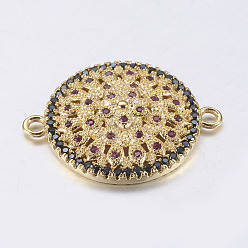 Real 18K Gold Plated Brass Micro Pave Cubic Zirconia Links, Flat Round, Real 18K Gold Plated, 25x19x1.5mm, Hole: 2mm