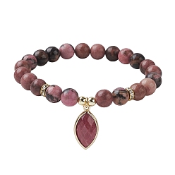 Родонит Естественно Родонит стрейч браслеты, Браслеты с подвесками в форме лошадиного глаза для женщин, внутренний диаметр: 2-5/8 дюйм (6.6 см)