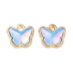 Светло-Голубой Стеклянные подвески из сплава для крепления в стойку, бабочка, золотые, Небесно-голубой, 9x9.5x3.5 мм, отверстие : 1 мм