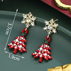 Рождественская елка Литые эмаль болтаться серьги стержня, горный хрусталь и акриловые, золотые, рождественская елка, 37x19 мм