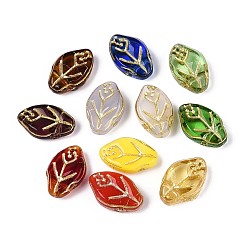 (52) Непрозрачная лаванда Стеклянные бусины, лист, золотой металл обвитыми, разноцветные, 12x8x4 мм, отверстие : 0.8~1 мм