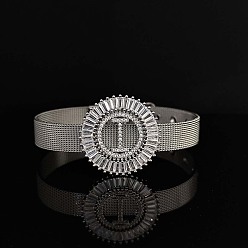 Letter I Латунные браслеты с микропаве из прозрачных кубических цирконий для женщин, плоские круглые с буквы, реальный 18 k позолоченный, Буква "i", 8-1/4 дюйм (21 см)