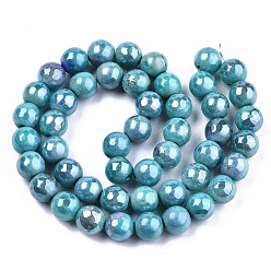 Turquoise Electroplate Natural Agate Beads Strands, Dyed, Faceted, Pearl Luster Plated, Round, Turquoise, 8.5x7~8mm, Hole: 1.2mm, about 47~48pcs/strand, 13.78 inch~13.98 inch(35cm~35.5cm)