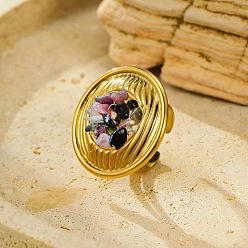 Смешанные камни Кольца для женщин с натуральным розовым кварцем, тигровым глазом, кварцевым кристаллом и аметистовым чипом, плоские круглые 304 открытые манжеты из нержавеющей стали, реальный 18 k позолоченный, 30.5 мм, регулируемый