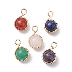 Light Gold Подвески из медной проволоки из смешанных драгоценных камней, круглые подвески, золотой свет, 18.5~19x12x10.5 мм, отверстие : 3 мм