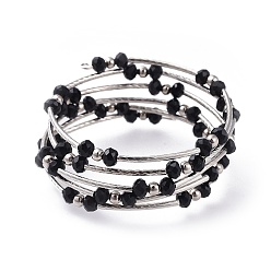 Black Five Loops Fashion Wrap Bracelets, with Rondelle Glass Beads, Iron Spacer Beads, Brass Tube Beads and Steel Memory Wire, Platinum, Black, 2 inch(5.2cm)