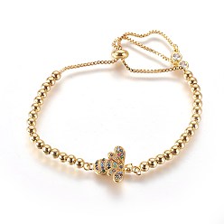Colorful Adjustable Brass Cubic Zirconia Slider Bracelets, Bolo Bracelets, with Box Chains and Round Beads, Bees, Golden, Colorful, 10-1/4 inch(26cm)