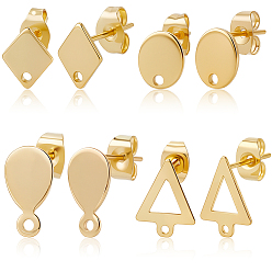 Настоящее золото 24K 80шт 4 стили 201 фурнитура для сережек из нержавеющей стали, с петлей, реальный 24 k позолоченный, 9~13x7~9 мм, отверстие : 1~1.4 мм, штифты : 0.7~0.8 мм, 20 шт / стиль