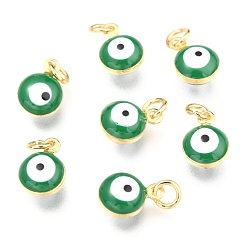 Sea Green Brass Enamel Charms, Real 18K Gold Plated, Long-Lasting Plated, with Jump Ring, Evil Eye, Sea Green, 9.5x6.5x4.5mm, Hole: 2.5mm