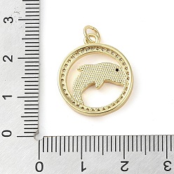 Mixed Color Brass Micro Pave Clear Cubic Zirconia Pendants, with Enamel and Shell & Jump Ring, Real 18K Gold Plated, Flat Round with Dolphin Charm, Mixed Color, 21x18x4.5mm, Hole: 3.3mm