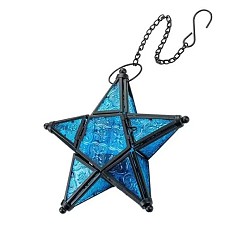 Deep Sky Blue Star Shape Glass and Iron Candle Holder, Candle Storage Container Pub Decoration, Deep Sky Blue, 20x20x6cm