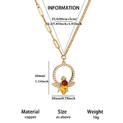 Bees Brass Rhinestone Pendant 304 Stainless Steel Chain Necklaces for Women, Golden, Bees, 14.96 inch(38cm), Pendant: 29x20mm