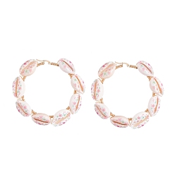 White (Jewelry Parties Factory Sale)304 Stainless Steel Hoop Earrings, with Printed Cowrie Shell Beads and Eco-Friendly Copper Wire, Golden, White, 74x16mm, Pin: 0.6x1mm