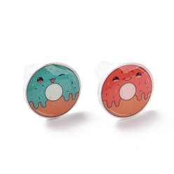 Donut Colorful Acrylic Imitation Food Stud Earrings with Platic Pins, Asymmetrical Earrings for Women, Donut, 12mm, Pin: 1mm