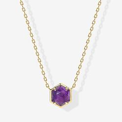 Темно-Фиолетовый Латунные паве натуральный аметист шестиугольные подвески ожерелья для женщин, золотые, темно-фиолетовый, 15.75 дюйм (40 см)