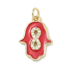Красный Латунные микро проложить кубического циркония подвески, с эмалью, долговечный, стойки покрытие, без свинца и без кадмия, hamsa hand charms, реальный 18 k позолоченный, красные, 18.5x13.5x2 мм, отверстие : 3 мм