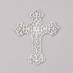Silver Brass Filigree Joiners Links, Cross, Silver Color Plated, 52x37x0.8mm