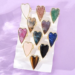 Смешанные камни Кольца с натуральными драгоценными камнями в форме сердца, латунные регулируемые кольца для женщин, 34x18.5~19 мм, внутренний диаметр: 18 мм