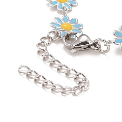Deep Sky Blue Enamel Daisy Link Chains Bracelet, 304 Stainless Steel Jewelry for Women, Stainless Steel Color, Deep Sky Blue, 7-1/4 inch(18.4cm)