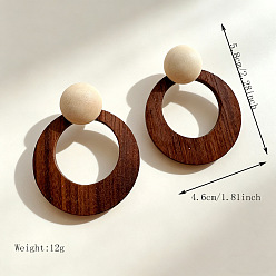 Ring Wood & Alloy Stud Earrings for Women, Golden, Ring, 58x46mm